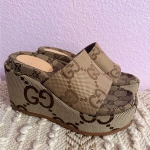 Gucci Brown Monogram Platform Slide Sandals